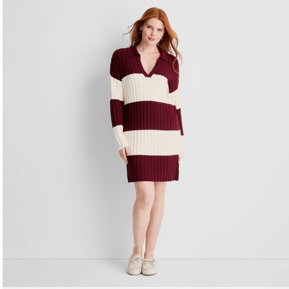 Future Collective Reese Blutstein Striped Ribbed Polo Sweater Dress Burgundy M